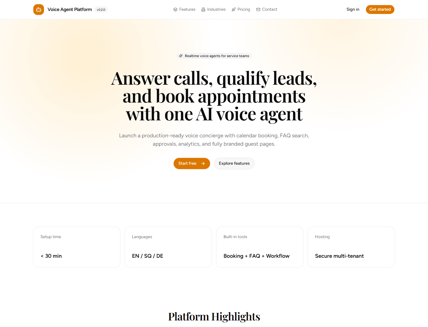 Voice Agent Platform landing page for answering calls and booking appointments.