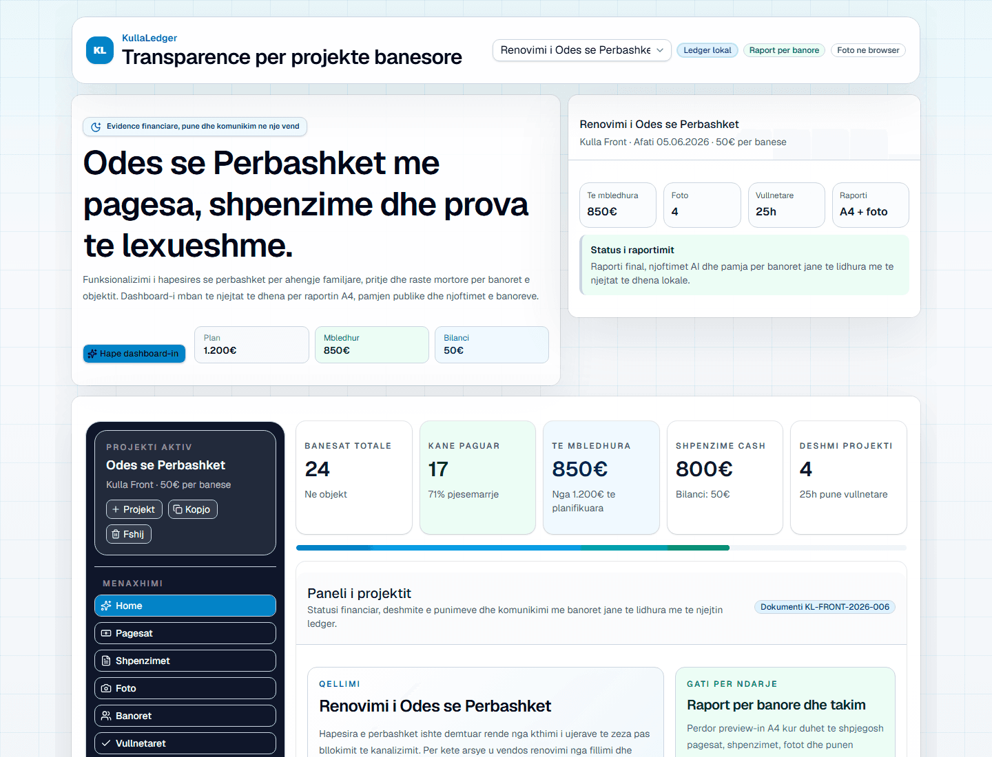 Kulla Ledger dashboard for shared building payments and project reporting.