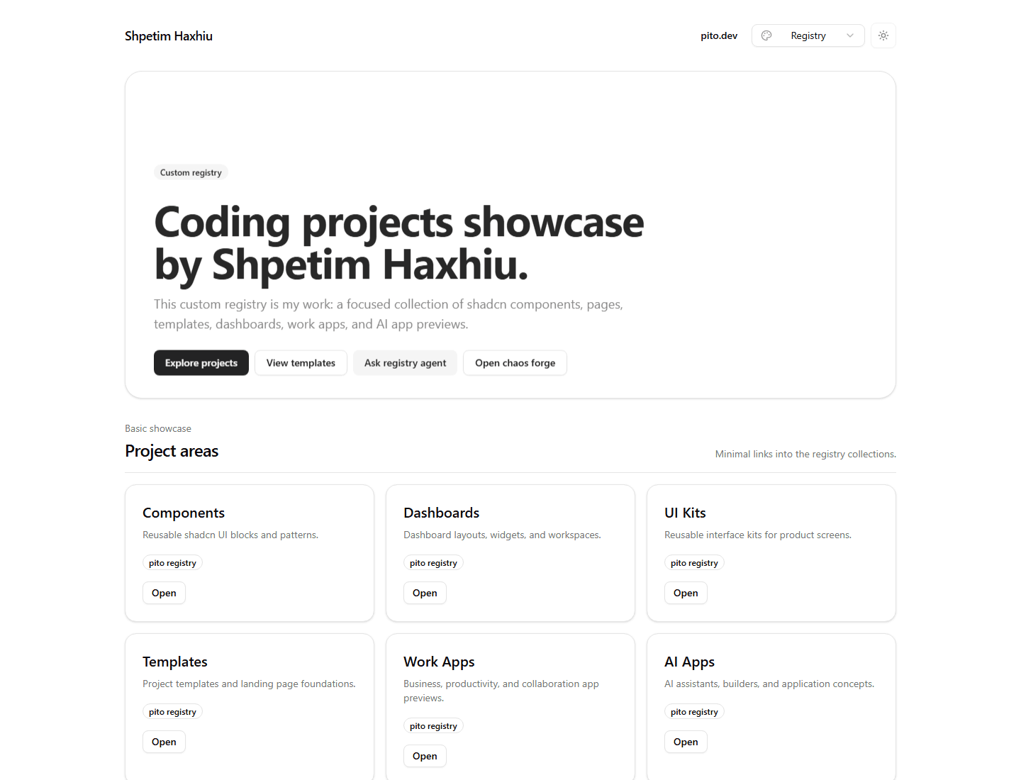 Pito Custom Registry landing page for components, dashboards, templates, and AI apps.