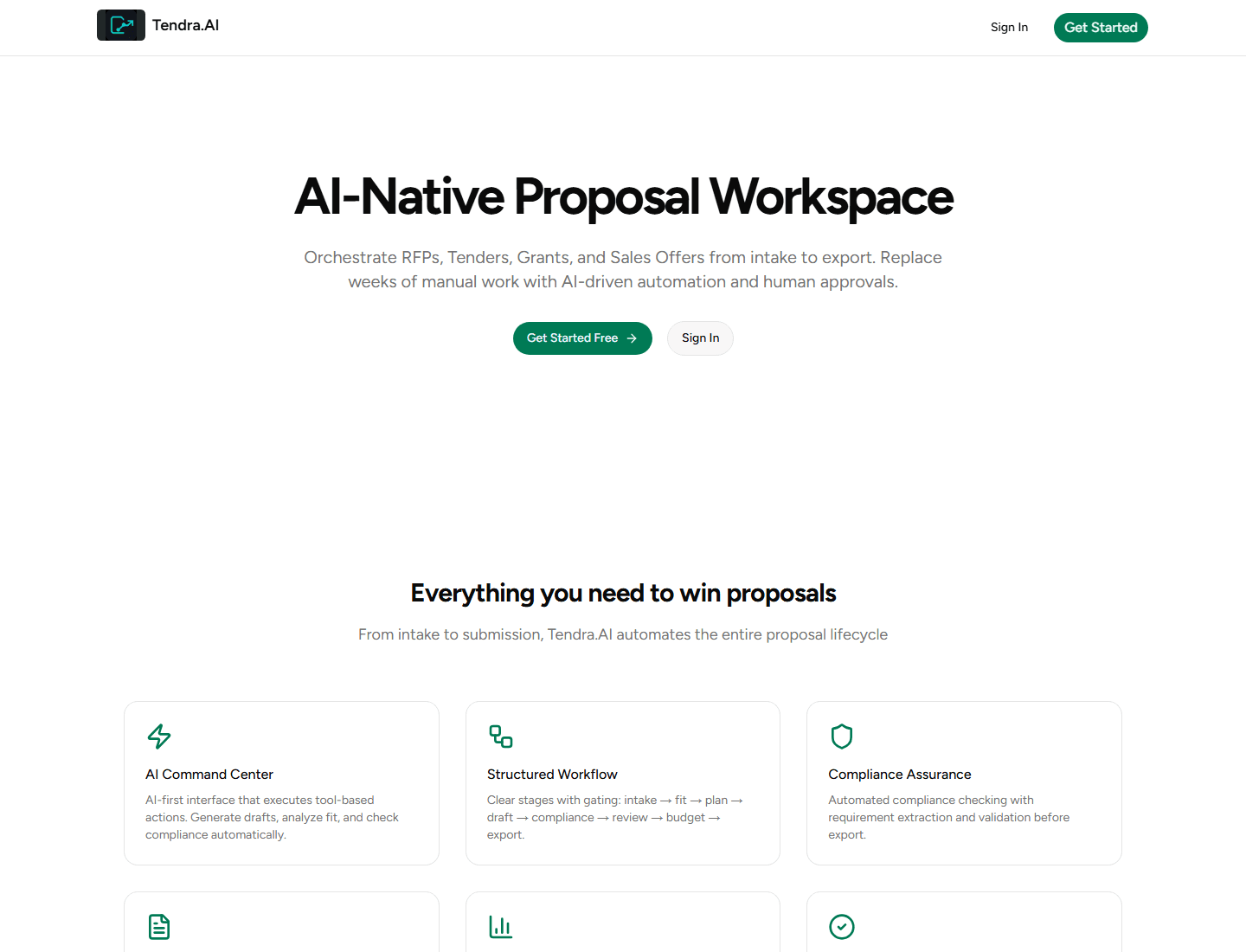 Tendra AI proposal workspace landing page with workflow cards.