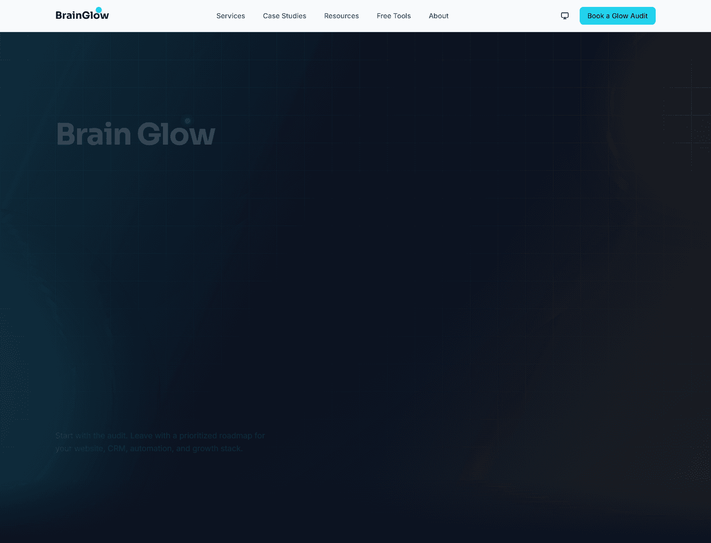 BrainGlow AI services website with navigation and audit call-to-action.