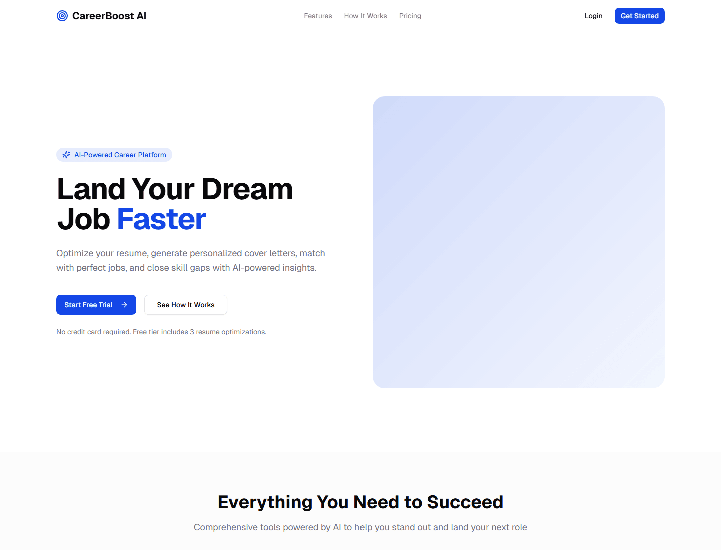 CareerBoost AI landing page for AI-powered resume and job search workflows.